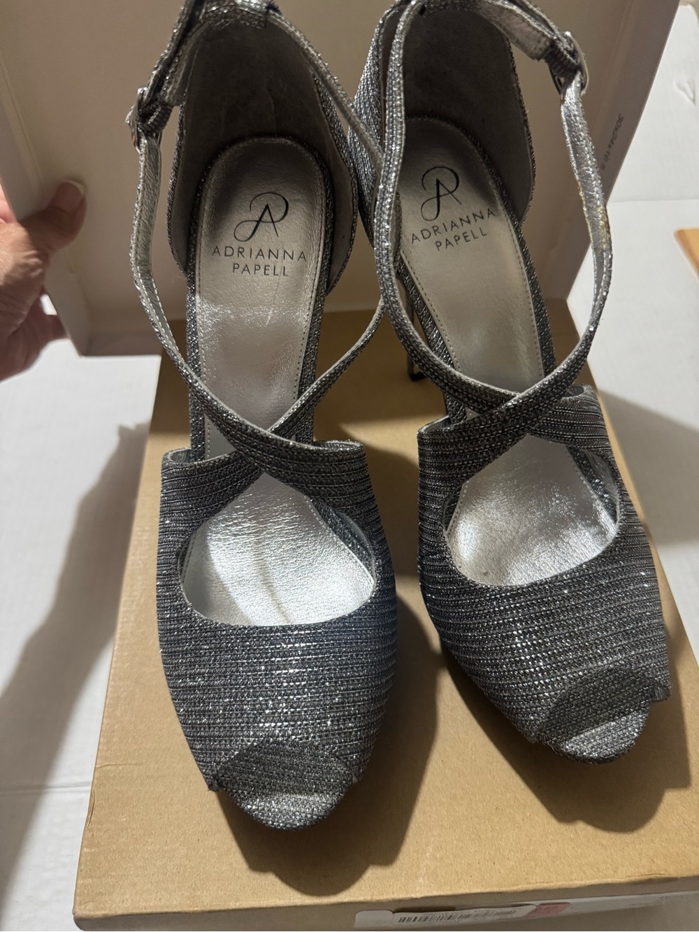 Adrianna Papell Metallic Silver Crisscross Peep-Toe Heels size US 10